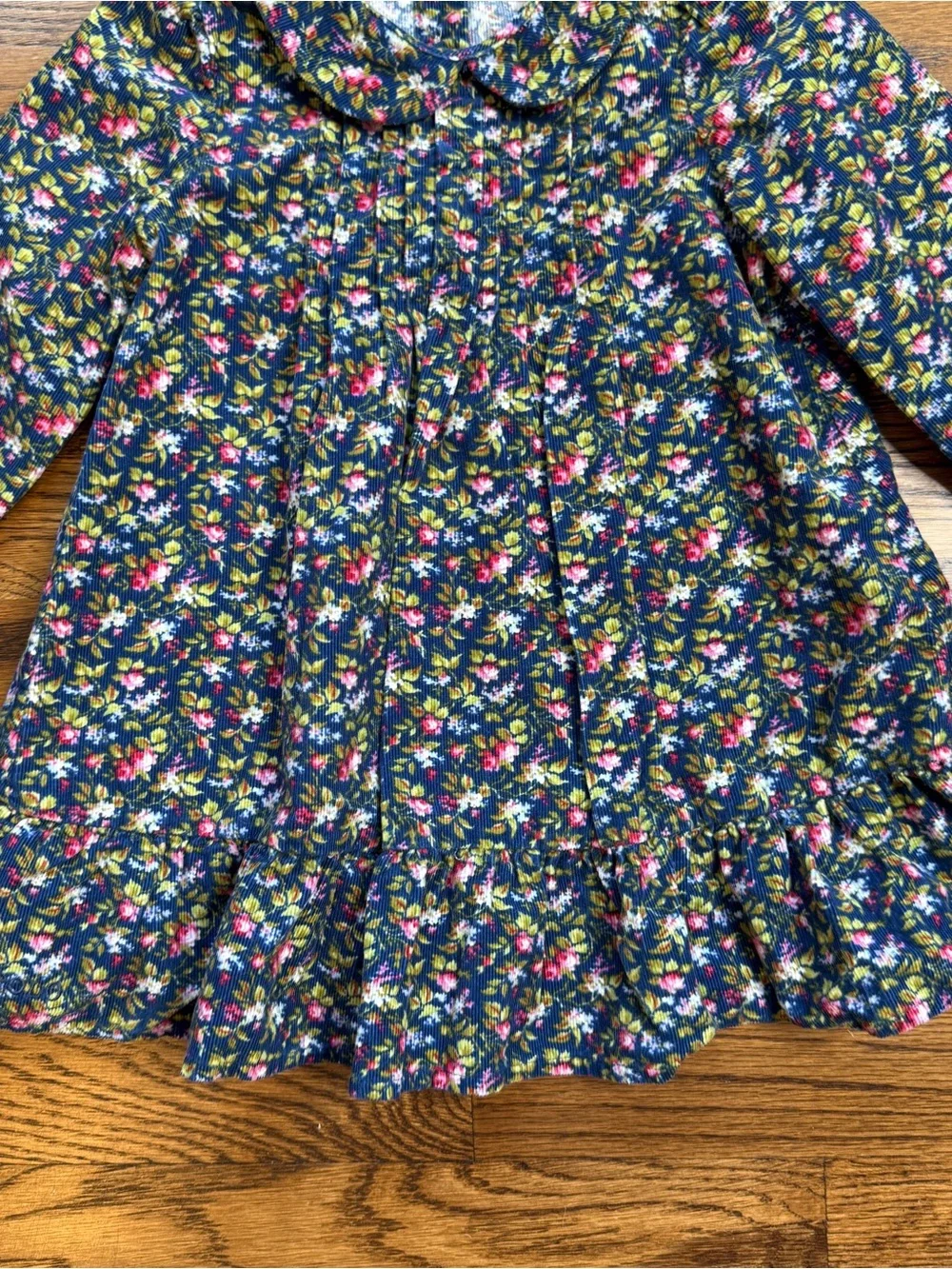 Ralph Lauren Girls Navy Calico Floral Ruffled Hem Corduroy Long Sleeve Dress 12M